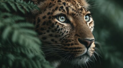 Fototapeta premium Intense close-up of a leopard's face amidst the lush foliage serenity