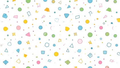 Fototapeta premium A vibrant pattern of colorful, simple shapes scattered on a white background, creating a playful and cheerful design.