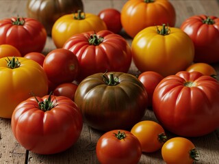 An assortment of ripe, colorful tomatoes in various sizes and shades of red, yellow, orange, and dark red, displayed on a rustic wooden surface.