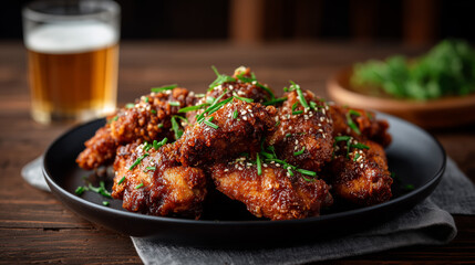 Delicious chicken wings with beer on the wooden table surface