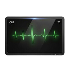 Digital medical monitor displaying a green electrocardiogram heartbeat waveform isolated on transparent background