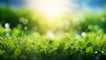 Fototapeta premium A Calming Background Of Soft Greenery Merging Into A Radiant Summer Sky Illuminated By Bokeh