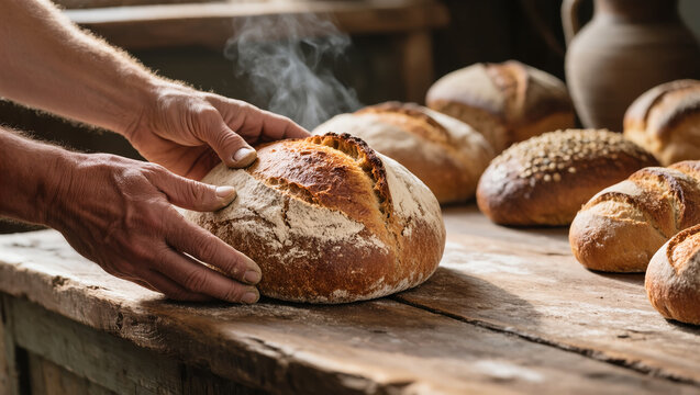 Fresh hot rustic bread loaf held by baker's hands on wooden table with other loaves in background, symbol of traditional homemade food