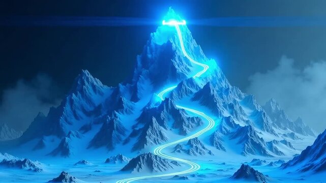 Dynamic neon path winding up snowy mountain peaks in breathtaking winter landscape view