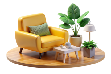 The image shows a bright and clean living room with a minimalist design- 3D rendering