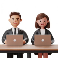 Cartoon business team working on laptops 3d render illustration for corporate website and marketing materials