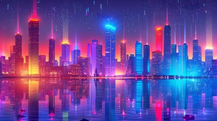Aerial view of a futuristic city skyline at night with neon lit skyscrapers in cyberpunk style