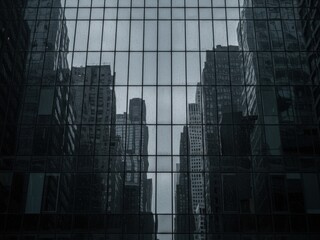 Dark, moody reflections of city skyscrapers in a glass building facade, highlighting urban architecture and an overcast sky through distorted panels.