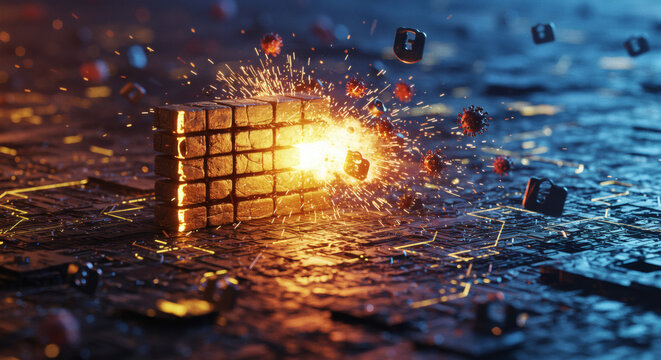 Golden security wall explodes from a powerful online threat, representing the concept of vulnerability in the digital age of information