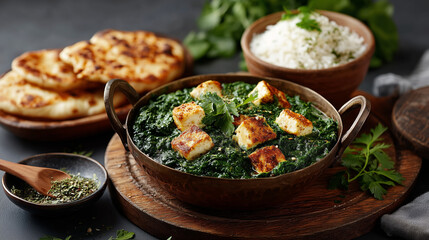 Delicious palak paneer with naan and rice presentation food art