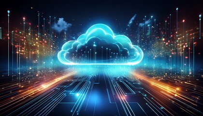 abstract futuristic cloud computing concept with glowing lights and data streams