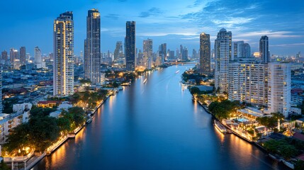 Fototapeta premium Chao phraya river flowing through illuminated bangkok at dusk