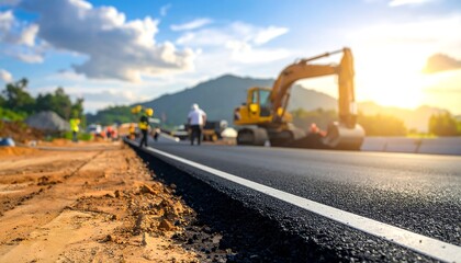 A highway road construction site with a yellow excavator in the background under a bright sunny sky.