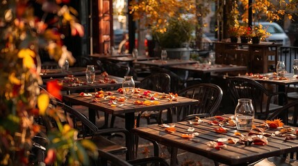 Charming outdoor restaurant terrace on an autumn day, with tables covered in colorful fallen leaves. A quiet and atmospheric urban scene, perfect for a cozy and romantic dining concept