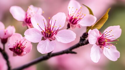 Obraz premium Delicate pink blossoms with bright yellow stamens on branches create a serene, natural scene, perfect for spring-themed projects, greeting cards, or floral arrangements in various media,