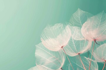 X-ray style image delicate translucent leaves, soft green background, copy space