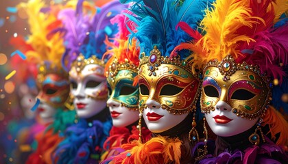 Obraz premium Vibrant Venetian Carnival Masks Adorned with Colorful Feathers and Glittering Embellishments for a Festive Celebration