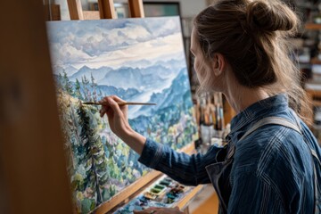A young woman is painting a vibrant landscape of mountains and trees in her art studio. She focuses intently on her work while surrounded by various art materials
