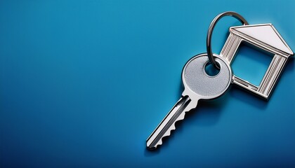 a silver key to a house attached to a keychain is shown against a blue background empty space for copying onto the keychain represents the idea of buying a new house and the real estate property