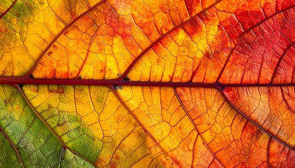 Obraz premium Close-up of a vibrant autumn leaf, showcasing a spectrum of fall colors, textured detail