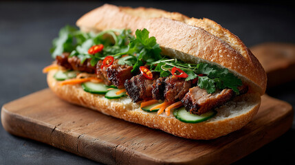 Delicious bánh mì sandwich on a wooden cutting board surface