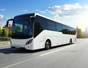 Modern white passenger bus traveling on an urban road, perfect for group tours and city commutes