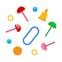 Colorful abstract shapes and objects on a black background