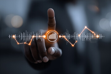 A suited figure touches a glowing circular icon with bar chart and waveform, representing analytics and digital performance.