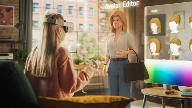 Caucasian Woman Enjoying Time at Home, Sitting on a Couch, Playing a Virtual Reality Game. Female Choosing a Character, Augmented Reality User Interface Showing Different Avatar Options