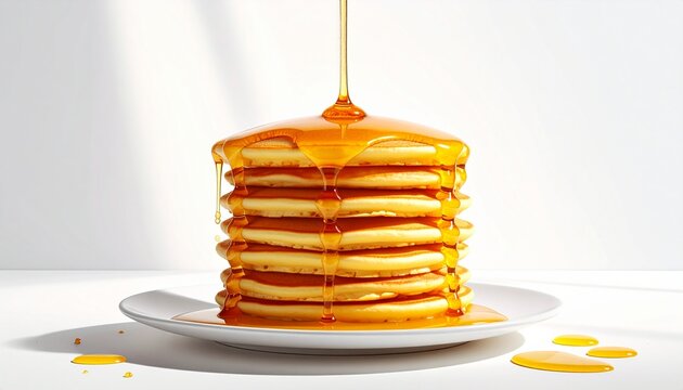 Golden Stack Pancakes Drenched in Syrup