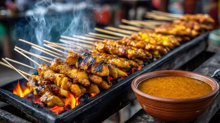 Naklejka premium Chicken satay grilling on barbecue with peanut sauce