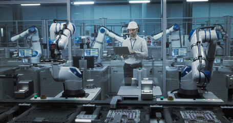 Portrait of a Caucasian Engineer in a Hard Hat Working in an Industrial Facility. Industrial...