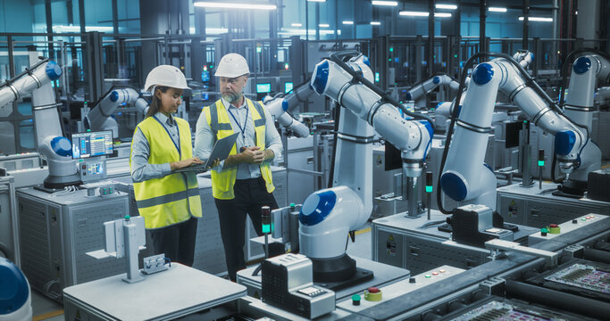 Caucasian Engineers Standing in an Industrial Facility, Using Laptop Computer at an Electronics Factory. Female and Male Specialists Chatting, Monitoring Assembly Robots on a Modern Production Line