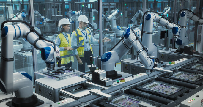 Factory Employees Using Laptop and Having a Conversation on a Production Floor. Robotic Arms Automate Circuit Board Assembly Inside a Smart Factory. Automatic Conveyor is Powered by an AI Software