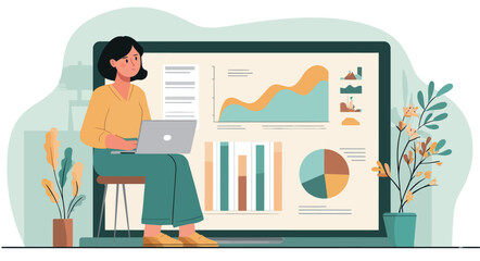 Fototapeta premium A woman sits at a desk with a laptop, focused on analyzing data. Behind her is a large screen displaying colorful charts and graphs depicting various analysis results.