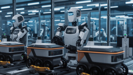 Automated Humanoid Machines Work Collaboratively on a Smart Production Line, Assembling Six-wheeled...
