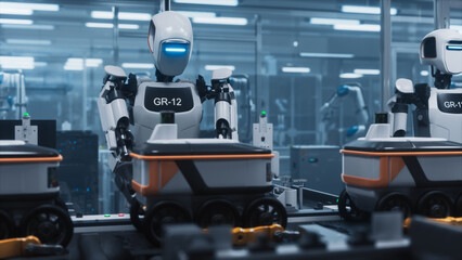 Automated Humanoid Robots Assemble Advanced Mobility Delivery Machines on a Smart Factory Conveyor. Industry 4.0 Facility with Robotics Engineering and Manufacturing Innovation