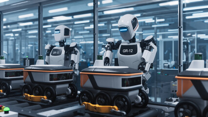 Advanced Humanoid Robots Connect Mechanical Components on a Conveyor Belt, Assembling Intelligent Delivery Devices. Fully Autonomous Unmanned Manufacturing System Powered by Artificial Intelligence