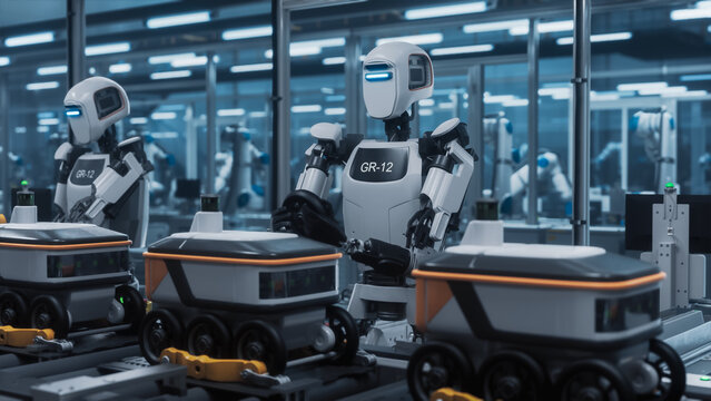 Automated Humanoid Machines Work Collaboratively on a Smart Production Line, Assembling Six-wheeled Delivery Robots. Futuristic Footage with Robotics Innovation in an Industry 4.0 Environment