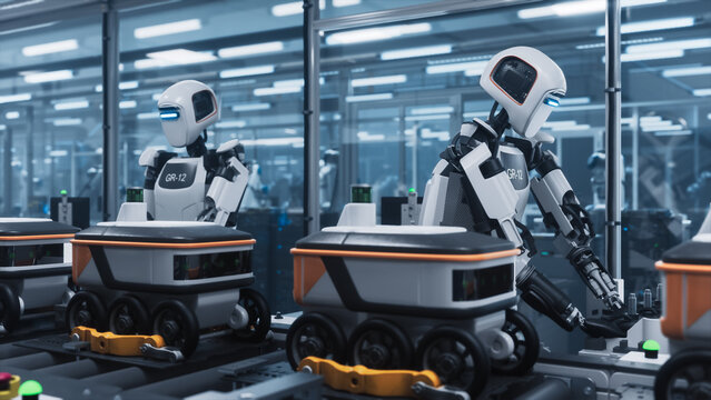 Humanoid Robots Operate on a High-Tech Assembly Line in a Factory, Constructing Compact Autonomous Delivery Units. AI-driven Factory with Next Generation Robotics and Manufacturing