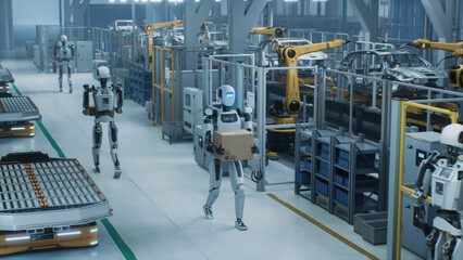 Humanoid Robot Walking with a Box in a Smart Factory with Diverse Automated Robots, Transporters and Futuristic Equipment. Manufacturing Plant with Electric Vehicles on a Production Line. High Angle