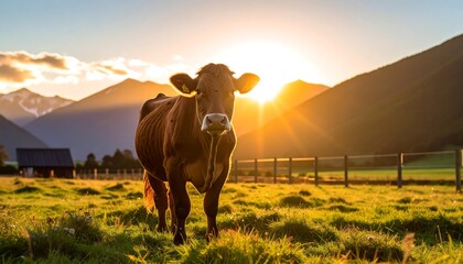 Cow in a grassy field at sunset (1)