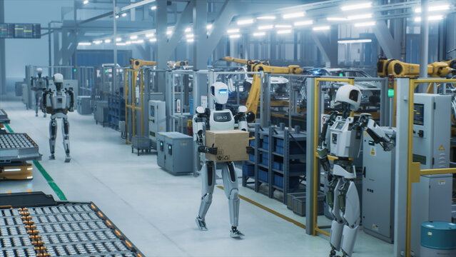 Humanoid Robot Walking with a Box in a Smart Factory with Diverse Automated Robots, Transporters and Futuristic Equipment. Manufacturing Plant with Electric Vehicles on a Production Line. High Angle