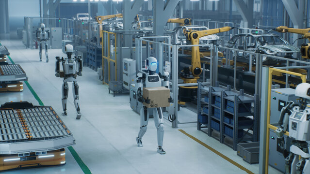 Humanoid Robot Walking with a Box in a Smart Factory with Diverse Automated Robots, Transporters and Futuristic Equipment. Manufacturing Plant with Electric Vehicles on a Production Line. High Angle