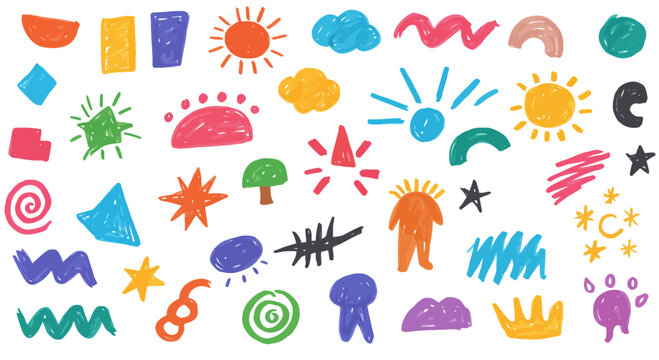 Vibrant childlike doodles and drawings in a variety of colors on a white background