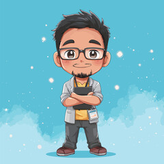 A young male character with short dark hair and glasses stands confidently with crossed arms. He wears a casual outfit, including a yellow shirt, gray pants, and a lab coat.