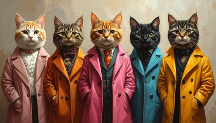 Five cats in stylish coats, a vibrant and sophisticated image of feline fashionistas.