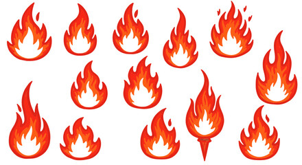 A fiery collection of stylized flame illustrations in vibrant red and orange hues