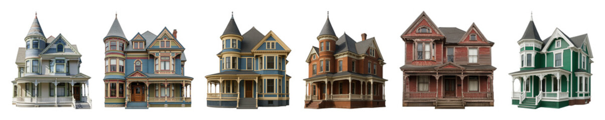 Fototapeta premium Victorian house set including different architectural styles and colors isolated. Historic building collection for design.