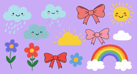 Delightful hand-drawn whimsical spring doodles featuring clouds, rainbow, sun and flowers